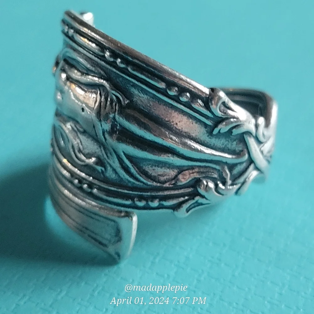 Vintage Sterling Silver Spoon Ring Goddess Woman Nude Handcrafted #134